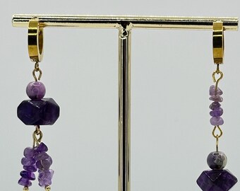 Raw Amethyst Gold Hoop Earrings: Asymmetrical Crystal Dangle Jewelry