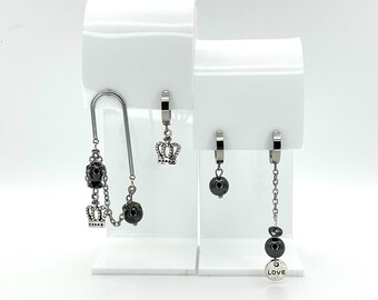 Asymmetrical Crown & Love Charm Earrings: Handmade Stainless Steel Gothic Jewelry