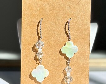 Mother of Pearl Clover Earrings: Boho Crystal Dangle, Hypoallergenic