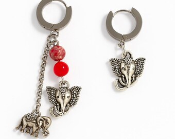 Ganesh Elephant Hoop Earrings: Asymmetrical Boho Jewelry with Red Beads