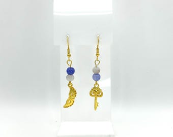 Mismatched Key & Mask Earrings: Blue Howlite Beads, Boho Dangle Jewelry