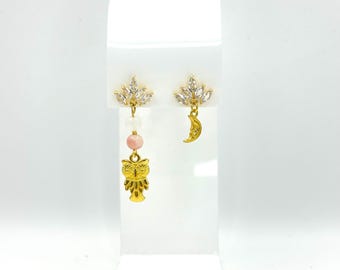 Mismatched Owl & Moon Earrings: Gemstone Beads, Crystal Studs