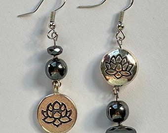 Handmade Hematite Lotus Earrings: Spiritual Dangle Jewelry
