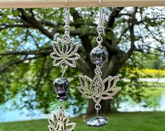 Lotus Om Buddha Earrings – Hematite  – Handmade Boho Jewelry for Meditation, Yoga, Spirituality