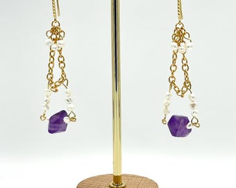 Lavender Raw Amethyst Asymmetrical Hoop Earrings - Pink Gold Plated Stainless Steel Crystal Dangle Jewelry