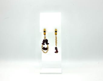 Asymmetrical Garnet Earrings: Boho Gold Stainless Steel Hoops, Handmade Hypoallergenic Jewelry Gift