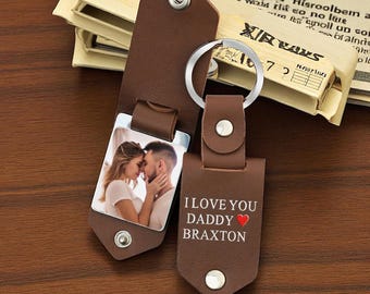 Personalized Photo Leather Keychain, Engraved Metal Tag, Gift for Him