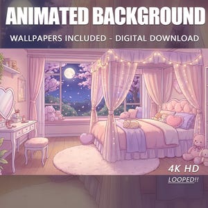 Anime Animated Background, Enchanted Pink Bedroom Bed with Plush Toys Magical Night Scene, Twitch Stream Vtuber Stream Overlay