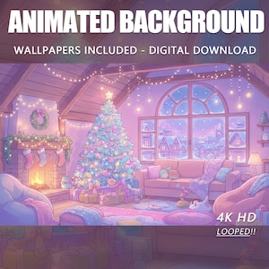 Anime Christmas Room Animated Wallpaper, Cozy Pink Purple Vtuber Stream Overlay (Digital Download)