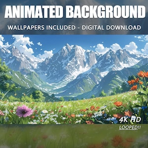 アニメ風山野原壁紙、アニメーション風野花畑、Vtuber配信オーバーレイ（デジタルダウンロード）