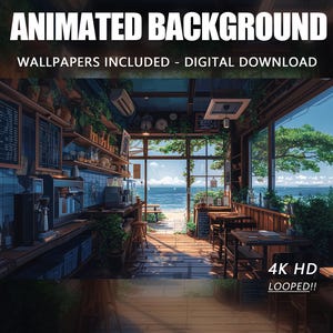 Animerad bakgrund för anime, blå kakeldisk med havsutsikt över kaffebaren vid havet, Twitch Stream Vtuber Stream Overlay