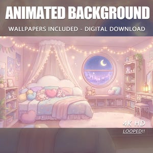 Fondo animado de anime, cama rosa encantada con paisaje onírico, velo de nubes y luz centelleante, superposición para transmisión de Twitch y Vtuber