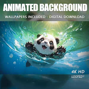 Anime Animated Background, Swimming Panda Kawaii Baby Panda in Bubble Water with Sunbeam, Twitch Stream Vtuber Stream Overlay