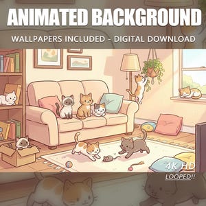 Animated Cat Lounge Wallpaper, Playful Kittens, Twitch Stream Vtuber Overlay (Digital Download)