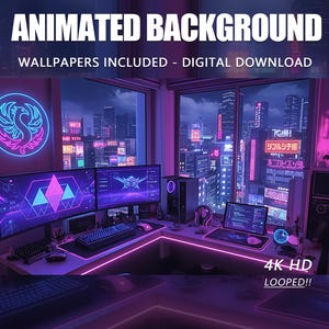 Fondo de pantalla animado de anime cyberpunk, fondo de pantalla neón para PC (descarga digital 4K HD)
