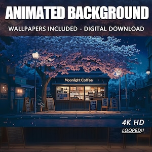 Moonlight Coffee Japanisches Cafe animiertes Hintergrundbild, Twitch Vtuber Stream (Digitaler Download)