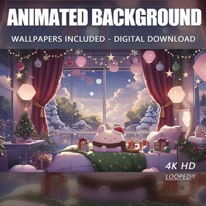 Fondo de pantalla animado de paisaje navideño nevado estilo anime, superposición para transmisiones de Twitch (descarga digital)