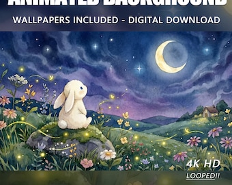 Fondo de pantalla animado de conejito de anime, paisaje onírico de luciérnagas (descarga digital)
