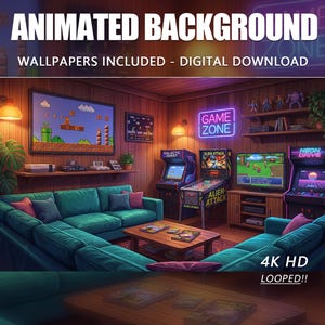 May include: An animated background image featuring a retro game room with arcade machines, a large screen displaying a classic video game, and a teal sectional sofa. The text reads "ANIMATED BACKGROUND" and "WALLPAPERS INCLUDED - DIGITAL DOWNLOAD".