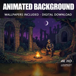 Anime Animated Background, Pixel Art Knight Campfire, Resting Warrior Under Crescent Moon, Twitch Stream Vtuber Stream Overlay