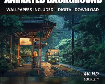 Fondo de pantalla animado de una estación de tren japonesa en una noche lluviosa, fondo para Vtuber de Twitch (descarga digital)