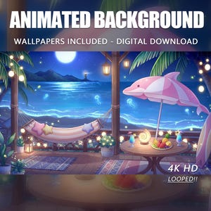 Puede incluir: Descarga digital de un fondo animado con una escena de playa nocturna. La imagen incluye una hamaca, una sombrilla con forma de delfín y una mesa con bebidas y frutas. El texto en la imagen dice "ANIMATED BACKGROUND" y "4K HD LOOPED!!".