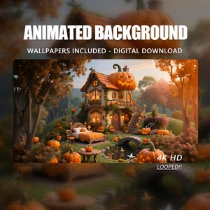 Geanimeerde achtergrond, betoverd pompoenhuisje Halloween huis - tuin met bladeren, Twitch Stream Vtuber geanimeerde achtergrond stream-overlay