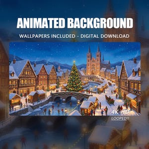 Animated Background, Christmas Village Scene, Grand Church & Decorated Tree by Ice, Twitch Stream Vtuber Animated Background Stream Overlay