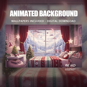 Animated Background, Cozy Christmas Bedroom Falling Snow - Festive Bed with Gifts, Twitch Stream Vtuber Animated Background Stream Overlay