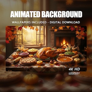 Geanimeerde achtergrond, Thanksgiving-feest open haard vonken - herfstoogst instelling, Twitch Stream Vtuber geanimeerde achtergrond stream-overlay