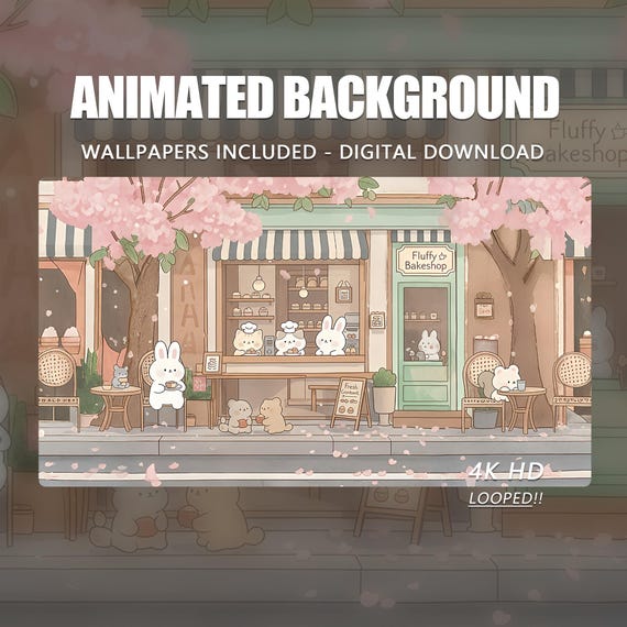 Animated Background, Fluffy Bakeshop Gentle Petal Fall & Animal Tea Time, Twitch Stream Vtuber Animated Background Stream Overlay
