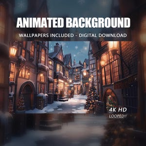 Geanimeerde achtergrond, betoverde kerstavond, besneeuwde Europese dorpsverlichting, Twitch Stream Vtuber geanimeerde achtergrond stream-overlay