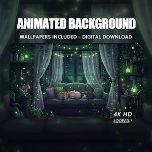 Animated Cats on Sofa Background, Greenery, Cottagecore (Digital Download)
