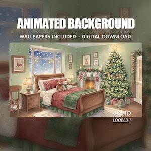 Animated Background, Cozy Christmas Bedroom Fireplace Festive Room with Teddy Bear, Twitch Stream Vtuber Animated Background Stream Overlay