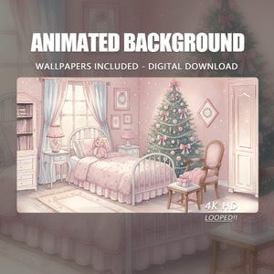 Geanimeerde achtergrond, kerstavond gezelligheid maanverlichte kamer en sneeuwvlokken - konijn pluche, Twitch Stream Vtuber geanimeerde achtergrond stream-overlay