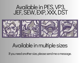 Anime character inspired embroidery design files (pes, vp3, jef; exp, xxx, dst) for machine embroidery.