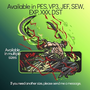 Puede incluir: Diseño bordado de un guerrero musculoso con espadas, rodeado de detalles verdes y rojos, sobre un fondo verde degradado. El texto incluye "Available in PES, VP3, JEF, SEW, EXP, XXX, DST" y "Available in multiple sizes."