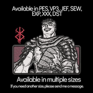 May include: Embroidered patch with a detailed illustration of a character on a black background. The patch includes the text "Available in PES, VP3, JEF, SEW, EXP, XXX, DST" and "Available in multiple sizes". A red symbol is also present. The character has a determined expression.