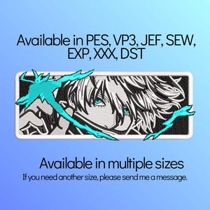 Könnte beinhalten: Gestickter Aufnäher mit einem Anime-Charakter mit weißen Haaren und türkisfarbenen Augen. Das Design ist in einem Rechteck mit schwarzem Rand und türkisfarbenen Akzenten eingefasst. Der Text auf dem Aufnäher lautet "Available in PES, VP3, JEF, SEW, EXP, XXX, DST" und "Available in multiple sizes."
