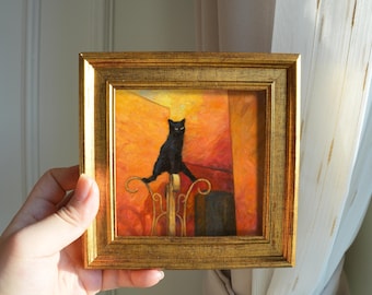 Black Cat on Iron Gate – Mini Framed Hand-Painted Oil Painting or Framed Art Print, 5x5 Inch