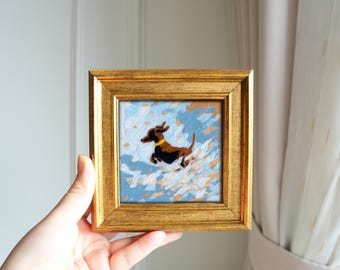 Funny Miniature Dachshund Painting – 5x5 Inch Artwork, Oil Painting or Fine Art Print