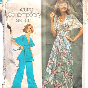 Simplicity 6710 Vintage-Schnittmuster aus den 70er Jahren für ein Maxikleid mit Volantärmeln und Bindeband im Rücken, Boho-Tunika und Hose, Größe 14, Brustumfang 91 cm (36 Zoll)
