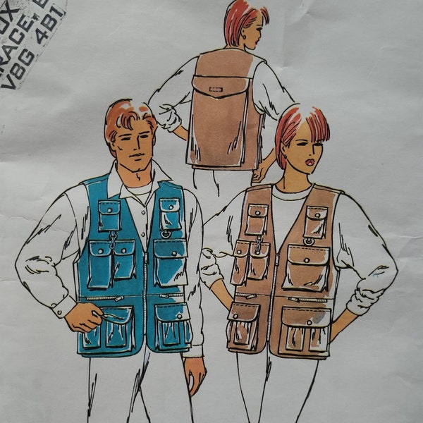 1990s Vintage Cargo Vest Sewing Pattern, Unisex Sport or Fly Fishing Utility Backpacking Vest  - Sizes Chest 32 to 44" - Kwik Sew 2198 G