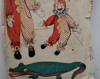 Vintage 50s Sewing Pattern for Clown Soft Stuffed Toy and Alligator Crocodile Pajama Bag- McCalls 1972 G