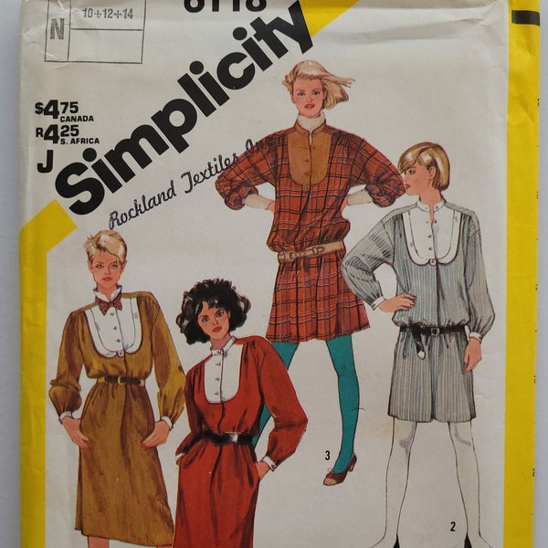 80s Dress Pattern - Vintage Sewing Pattern for Tuxedo-Front Dress in Two Lengths - Sizes 10 12 14 - Bust 32.5 to 36" - Simplicity 6118 G