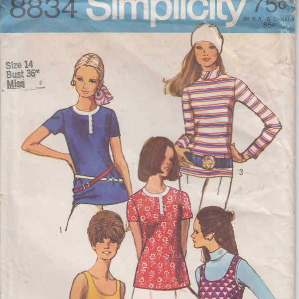 70s Sewing Pattern for Blouse and Tank Top Jewel Neckline Turtle Neck Deep Round Neck Vintage Bust 36" (91 cm) Simplicity 8834 S