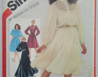 80s Vintage Sewing Pattern for Dress w Lace Yoke, Short or Boho Maxi Dress - Sizes 6-8 Bust 30.5 to 31.5" - Simplicity 5284 G
