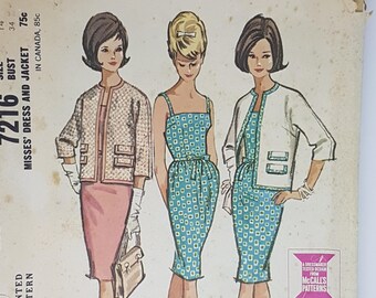 60s Sewing Pattern for Fitted Dress with Open Front Jacket - Jackie O Suit Sewing Pattern - Vintage Size 14 Bust 34" (86 cm) McCall's 7216