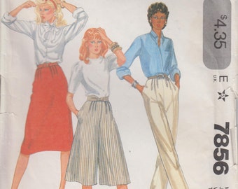 Sewing Pattern for Culottes, Pants w Back Gathers and Front Pleats, and Skirt Vintage 80s Size 12 Waist 26.5" (67 cm) McCall's 7856 S