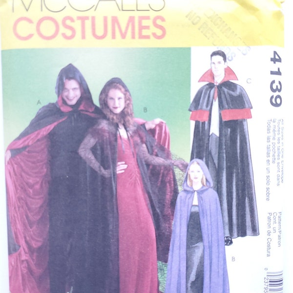 Adult Cape Pattern - Modèle de couture pour Cap à capuchon, Cap avec Capelet, Magician Cape, Vampire - Toutes tailles - McCalls 4139 G